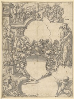 Broken glass with blank escutcheon, flanked by Fides and Spes, om Upper picture Erection of the