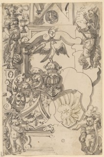 Worn plate with the alliance crest Wentz (/ later Sulzberger), flanked above by Temperantia and