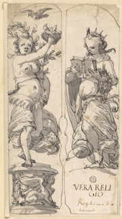 Two partial designs with Pax and Religio, feather in black, gray washed, on each side angrily,
