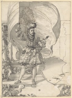 Disc tear with standard bearer and blank blazon, feather in black, gray washed, with feather in