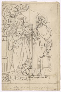 Slice tear with Maria and child, hl., Jakobus major and kneeling donor, below the coat of arms
