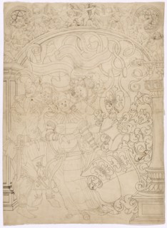 Broken glass with young and old couple and coat of arms Schweiger, in the upper picture dancing