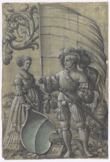 Disc tear with standard bearer and woman as shield companion and unidentified coat of arms, 1531,