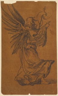 Angel in back view, feather in black, on formerly oiled, today browned paper, mounted, sheet: 13.6