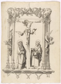 Christ on the cross between Mary and John, in architectural frame, feather in black, greyish