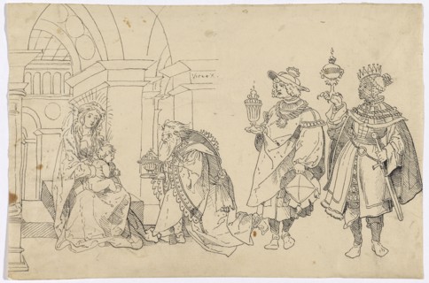 Adoration of the Magi under a Renaissance arch, 1524, feather in dark gray to black, folia: 20.4 x