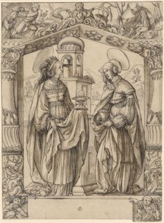 Slice break with the hll., Barbara and Magdalena, around 1560/70, feather in gray and black, brown