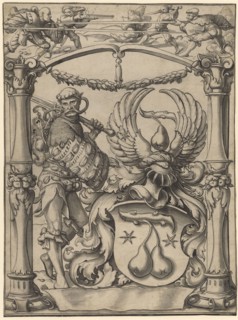 Broken glass with Landsknecht and pear coat of arms, after 1529, pen and brush in black and gray,