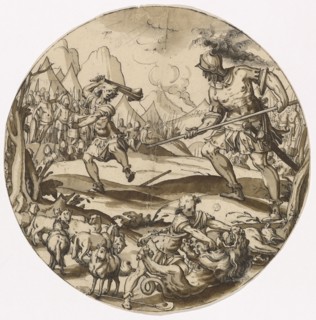 Slice in the round with David's fight against Goliath, in front David, who kills the lion, feather