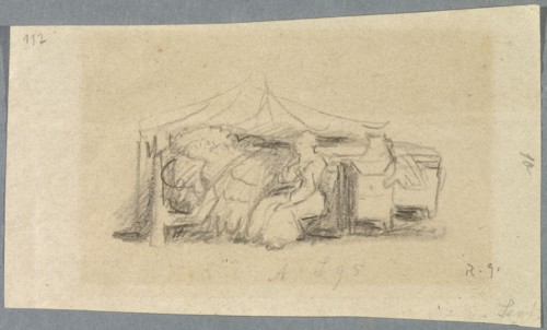 Untitled [A Sleeping Man in Bed and a Woman Sitting at the Bed], 1918, pencil on thin paper,