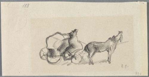 Untitled [Side view of carriage with horse], 1918, pencil on thin paper, mounted on secondary