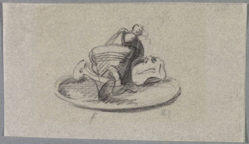 Untitled [Champagne cooler with bottle and glass with a mask on a tray], 1918, pencil on thin