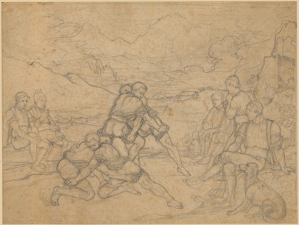 Alpine swing on mountainous pasture, pencil on yellowish paper, single-line rectangle border,