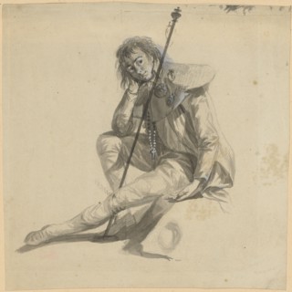 Resting, sitting, bareheaded young pilgrim, ink and red chalk, heightened in white, verso: red