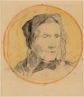 Breast portrait of an old Bernese peasant woman in a traditional bonnet, charcoal and watercolor,