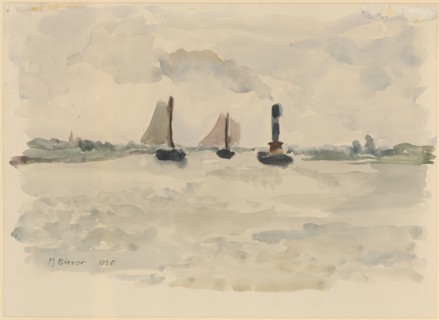Dutch stream landscape with two sailors and a steamship, 1930, watercolor, mounted, leaf: 30.9 x 42
