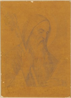 Breast image of a bearded holy hermit, pencil on brown tracing paper, mounted on cardboard, page: