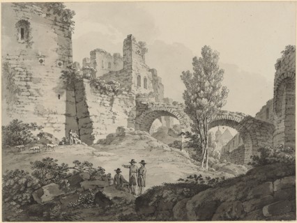 Ruined landscape with destroyed castle and two-bridge, ink and quill, sheet: 23.8 x 31.8 cm, not