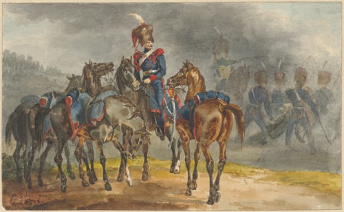 Battle scene with cavalry and infantry, watercolor on pencil, sheet: 8.5 x 14 cm, U. l., Signed in
