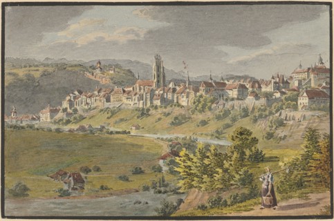 View of Freiburg i., Sculpture, watercolor over pencil, single-line rectangle edging, sheet: 8.6 x