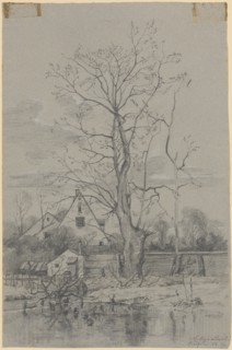Two rural gabled houses in a garden behind Lattenhägen, in front of a pond with ducks and an almost