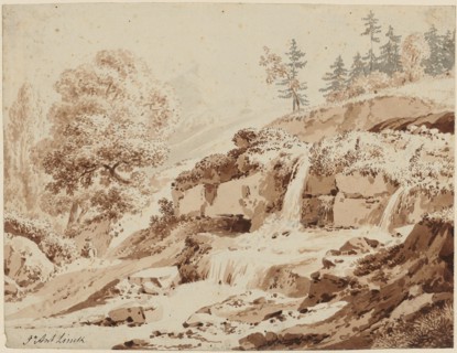 Small waterfall in the mountains, bistre and ink, washed, sheet: 15.1 x 20.1 cm, U. l., Signed with