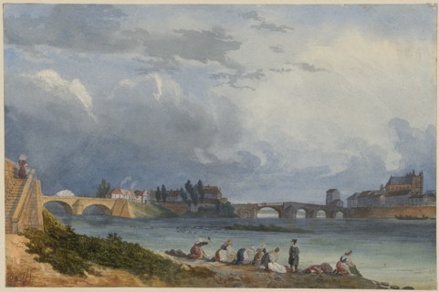 Six washerwomen on the river, one man, watercolor and cover color, sheet: 12.4 x 18.8 cm, U. l.,