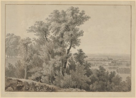 View from a tree-lined slope over a wide valley to a church on the right in the middle ground and a