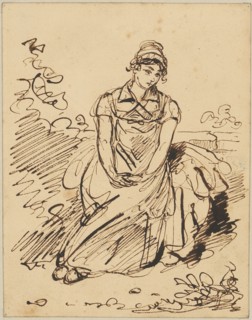 Seated girl with hands laid idly in her lap, sitting at the edge of the road, feather in brown,