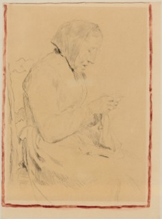 Knitting old mother, pencil, rectangle border with red watercolor paint, Leaf: 36.4 x 29.4 cm,