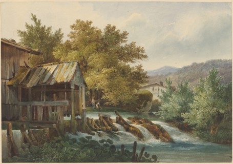 Weir on a creek, watercolor, sheet: 19.9 x 28.6 cm, U. r., Signed with pen: ACalame, Alexandre