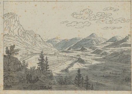 Schamserthal by Zillis, ink and quill, washed, rectangular edging, quadratic netting in pencil,