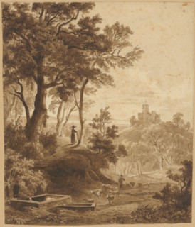Landscape with a castle on a hill, ink, washed, sheet: 22.1 x 18.5 cm, U. l., Monogrammed with