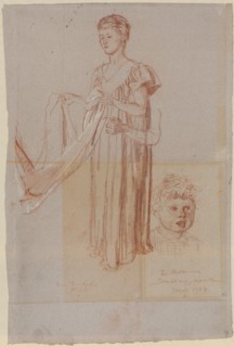 Study on a standing young girl folding a cloth, 1907, red chalk, heightened with white, on