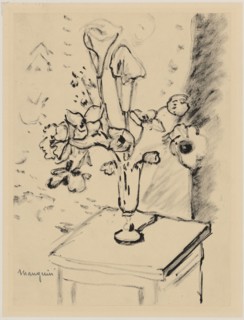 Still life with flowers, ink on yellowish paper, leaf: 26.8 x 19.9 cm, U. l., Signed in pencil: