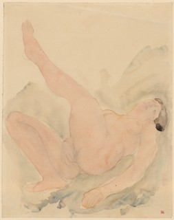 Female, lying nude, watercolor and pencil, leaf: 34.7 x 27.9 cm, U. r., monogrammed in pencil: AR,