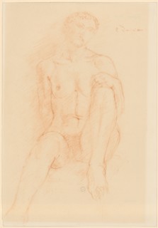 Sitting boy act, red chalk, sheet: 36.2 x 25.1 cm, O. r., signed with red chalk: C. Despiau,