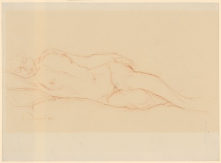 Lying female act, red chalk, leaf: 26.9 x 36.9 cm, U. l., signed with red chalk: C. Despiau,