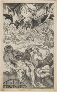 Deadly disease., Dying and buried in front of an old city, 1650-1699, pen and ink, single-line