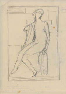 Sitting girl act, pencil on thin paper, rectangle edging, sheet: 25 x 20 cm, unmarked, Hans