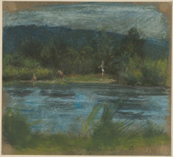 Riverside with three bathers in front of dark bushes., Behind it a blue mountain range, pastel on