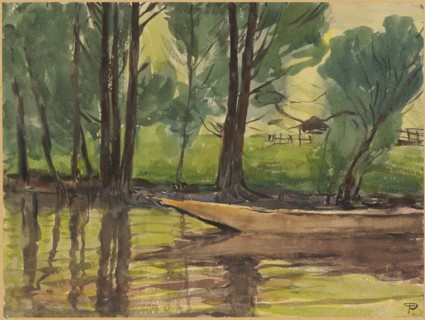 Weidling on the bank of a calm water, the green pastures and umhagtes meadow long skirt, watercolor