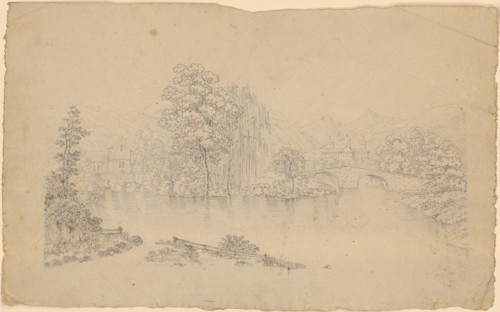 Landscape with church and monastery at a river mouth in the lake, pencil, sheet: 21 x 34.2 cm, not