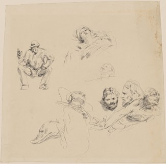 Study sheet with a seated man, three head studies, three figurative partial sketches and one animal