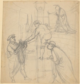 Study on lithography: Lucerna, the first street lighting in Lucerne, which attempts to blow out a