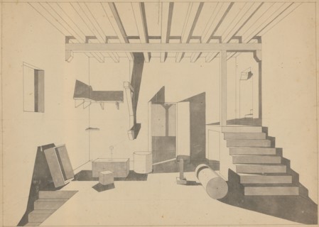 Perspective drawing of an interior with a window and an open door, a look into an arbor, pen and