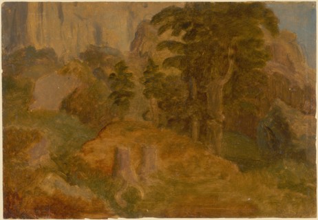 Rocky slopes and tree parts at the Rigi, oil on oiled paper, mounted on cardboard, sheet: 20.6 x 29