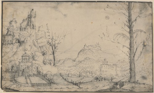 Landscape with city and castles, pen in black, sheet: 17.5 x 29 cm, not marked, Augustin