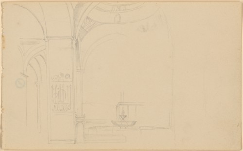 Sketch sheet: 4: Fountain courtyard of a mosque, 1843, pencil, quadratic grid, Sheet: 11.4 x 18.5