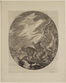 Johann Elias Ridinger, German, 1698-1769, Deer in Flight Arrested by a Lake, 18th century,